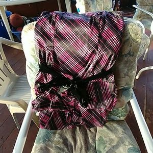 Pink, white, and black strapless dress.